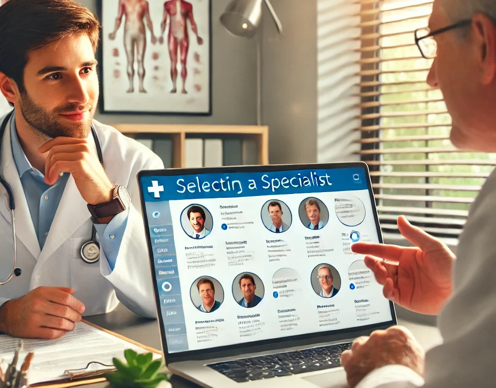 A person consulting a healthcare professional to find the right specialist for their medical condition