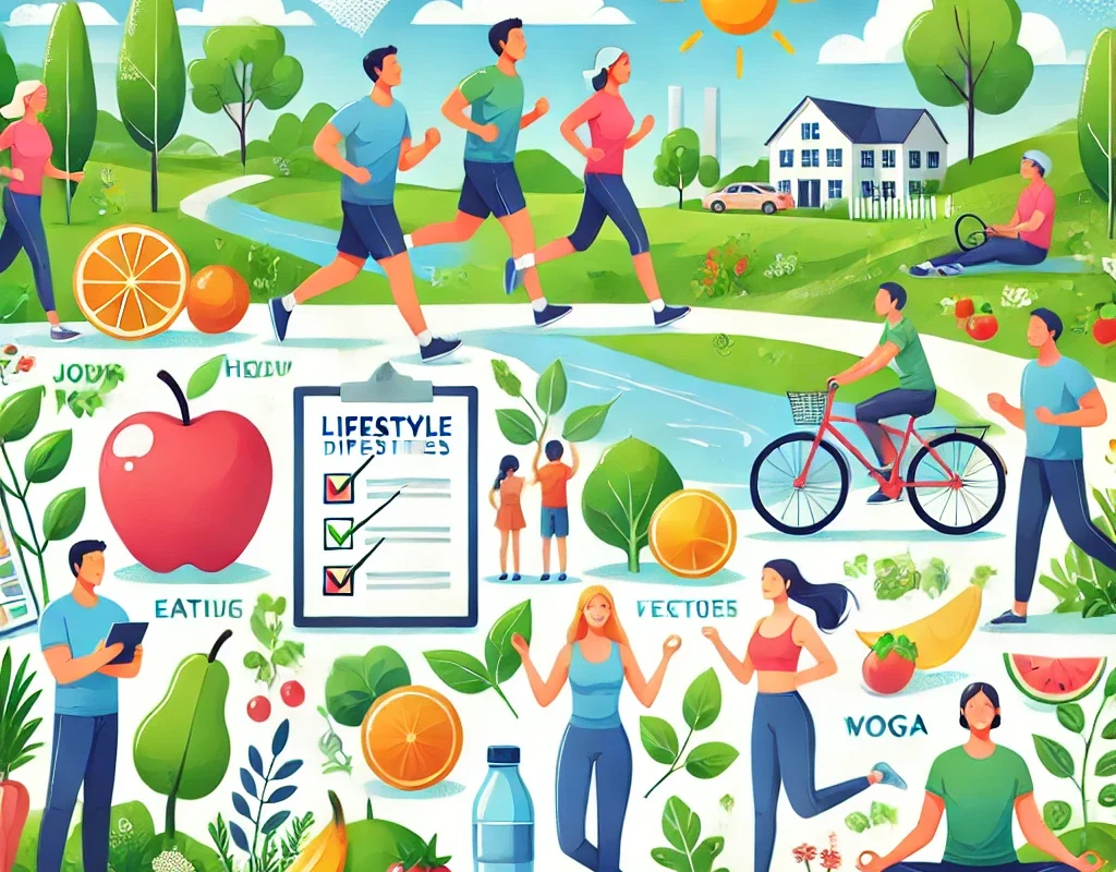 A person engaging in healthy habits like exercising, eating nutritious food, and practicing mindfulness to prevent lifestyle diseases