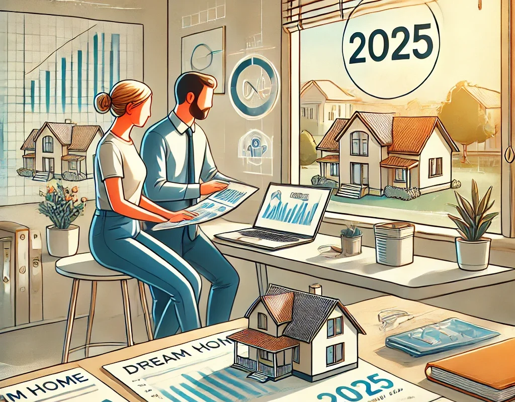 A couple exploring property listings online and visiting homes while planning their dream home purchase in 2025