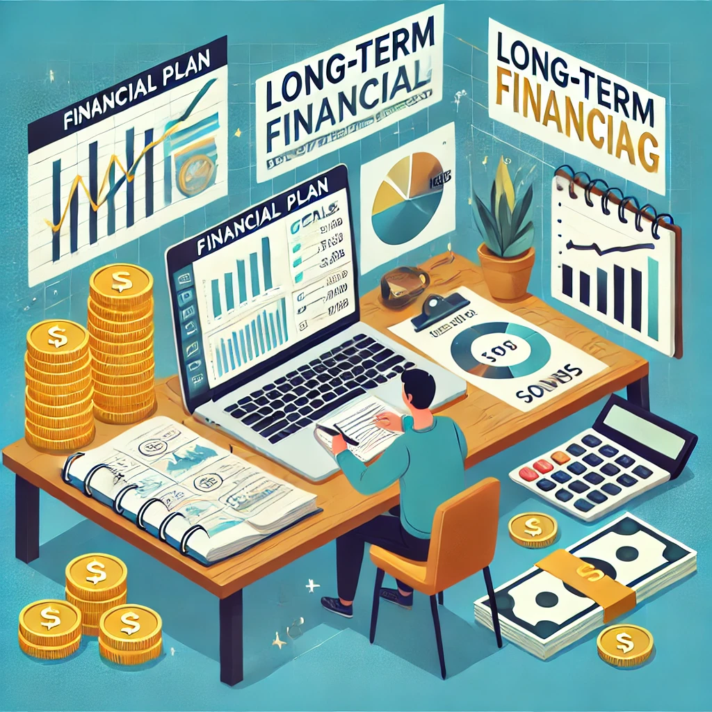 A person organizing a financial plan with charts, budget sheets, and investment portfolios for long-term success.