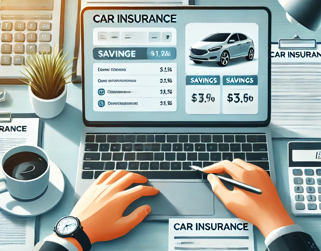 A person reviewing car insurance options and calculating savings with a laptop and documents