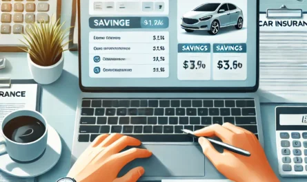 A person reviewing car insurance options and calculating savings with a laptop and documents